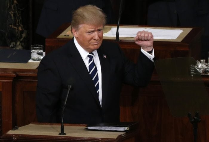 U.S. President Trump Addresses Joint Session of Congress - Washington, U.S. - 28/02/17 - U.S. President Donald Trump pumps his fist as he arrives at the podium. REUTERS/Jonathan Ernst
