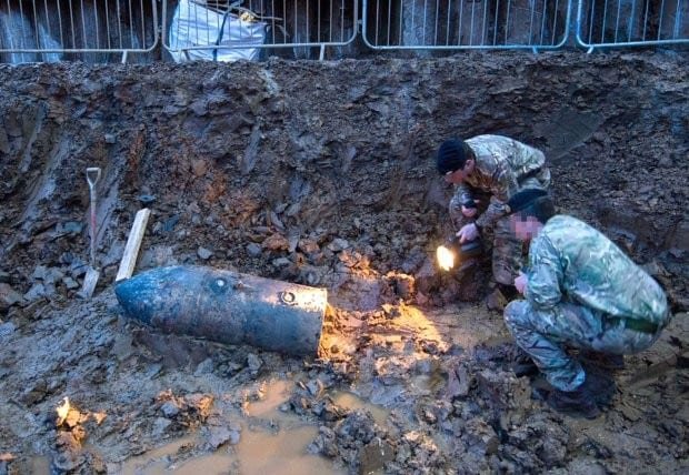 PIXELATED AT SOURCE Handout photo issued by the Ministry of Defence of a Second World War bomb which was discovered on a building site in Brent, north-west London. PRESS ASSOCIATION Photo. Picture date: Thursday March 2, 2017. A huge cordon is in place and roads have been closed after the unexploded device was found near Brondesbury Park in Brent, north-west London. The army has been called in to deal with the bomb while police and the fire service also remain on the scene, Brent Council said. See PA story POLICE Brondesbury. Photo credit should read: Rupert Frere/MoD/Crown Copyright/PA Wire NOTE TO EDITORS: This handout photo may only be used in for editorial reporting purposes for the contemporaneous illustration of events, things or the people in the image or facts mentioned in the caption. Reuse of the picture may require further permission from the copyright holder.